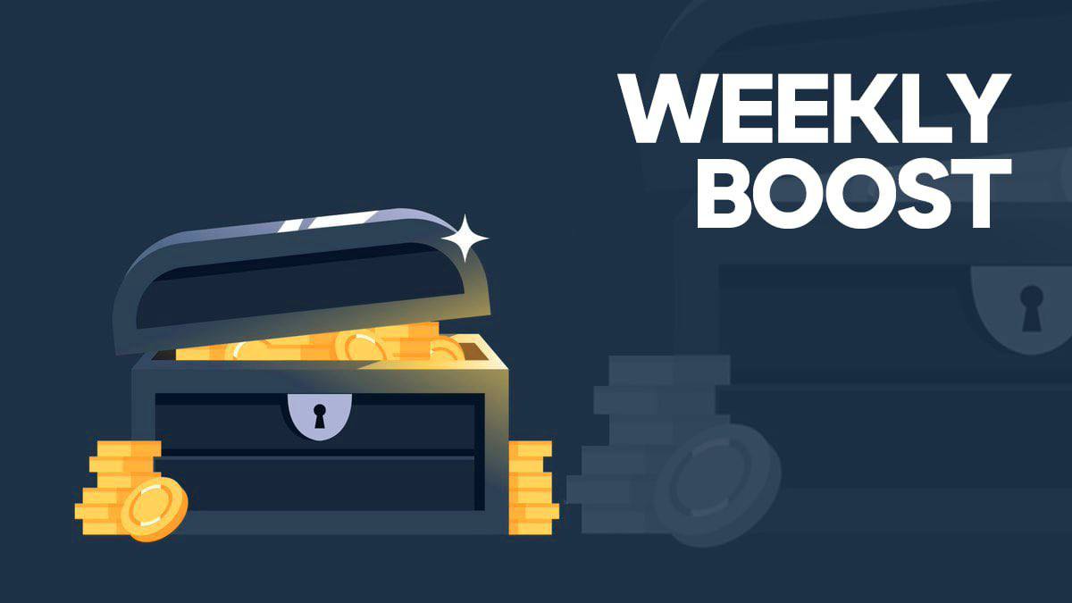 Stake weekly boost chest with coins, weekly wager race reward artwork