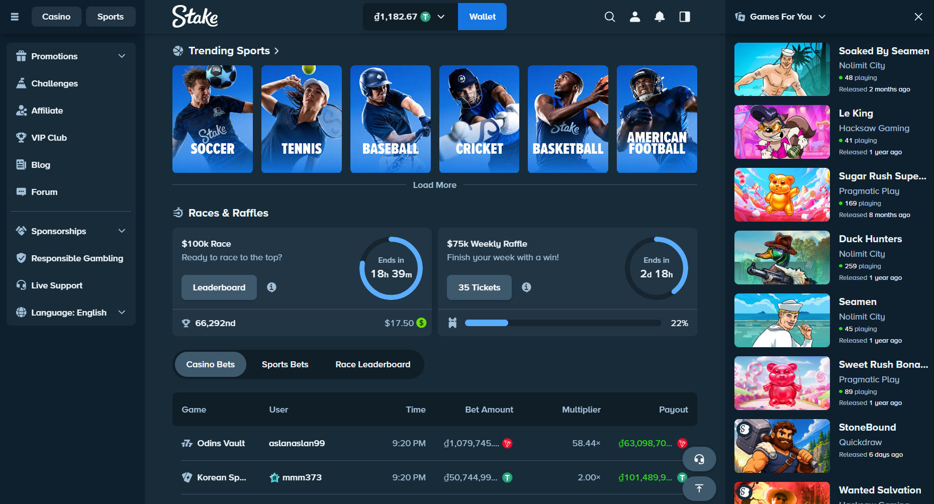 Stake races and raffles panel with the $100k race leaderboard and weekly raffle tickets