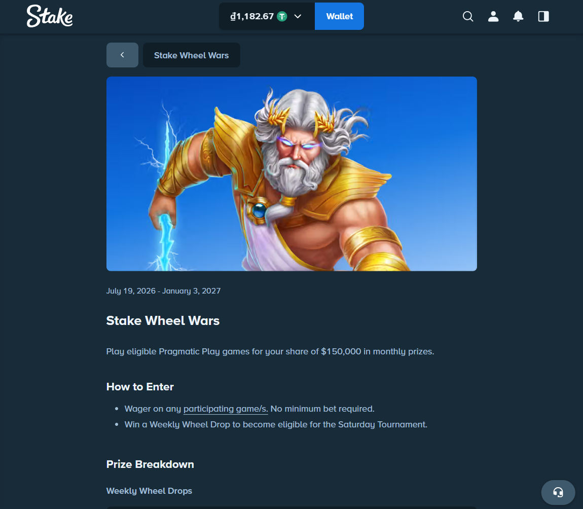Stake Wheel Wars promotion page with monthly prize pool and how to enter steps