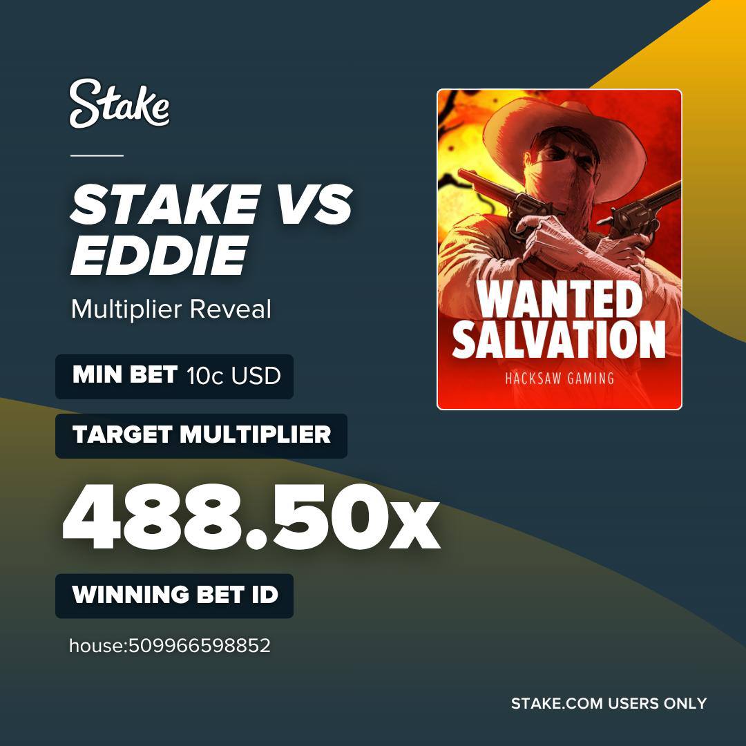 Stake multiplier reveal giveaway card with target multiplier and winning bet ID